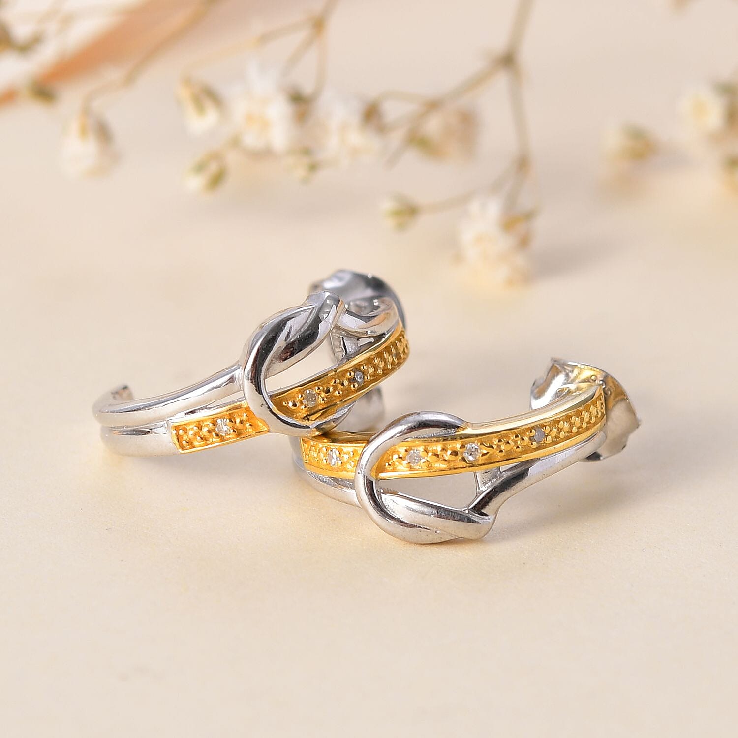 White Diamond Stud Push Back Earrings in Yellow Gold Plated &amp; Platinum Overlay Sterling Silver 7802944 2