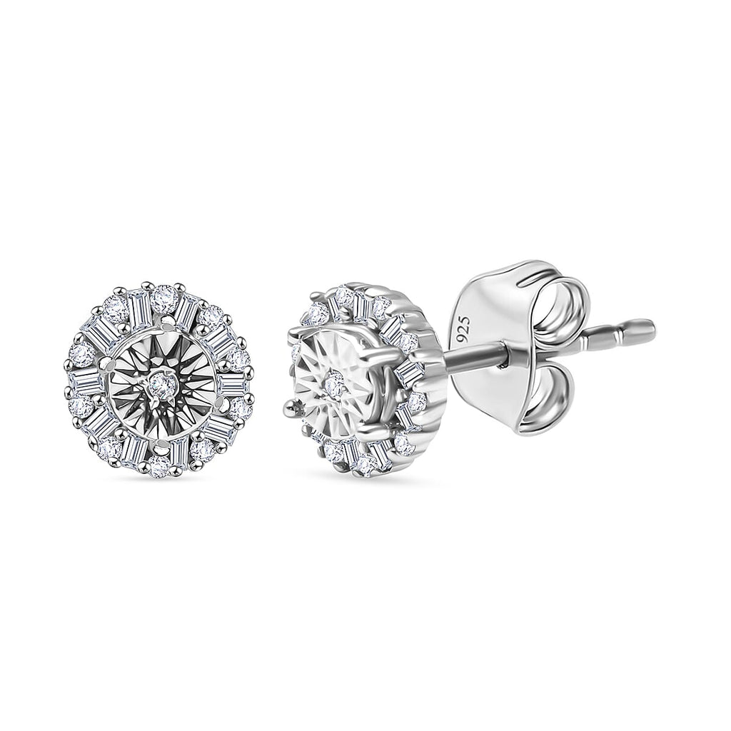 White Diamond  Solitaire Stud Push Post Earring in Platinum Overlay Sterling Silver 0.15 ct  0.168  Ct.