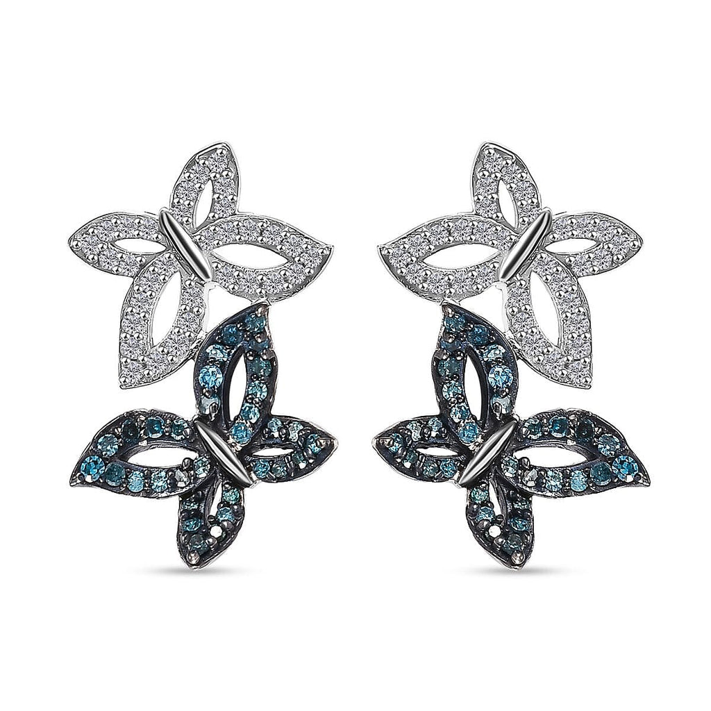 Blue & White Diamond Solitaire Stud Push Post Earring with Push Back in Rhodium Overlay Sterling Silver 0.50 Ct.