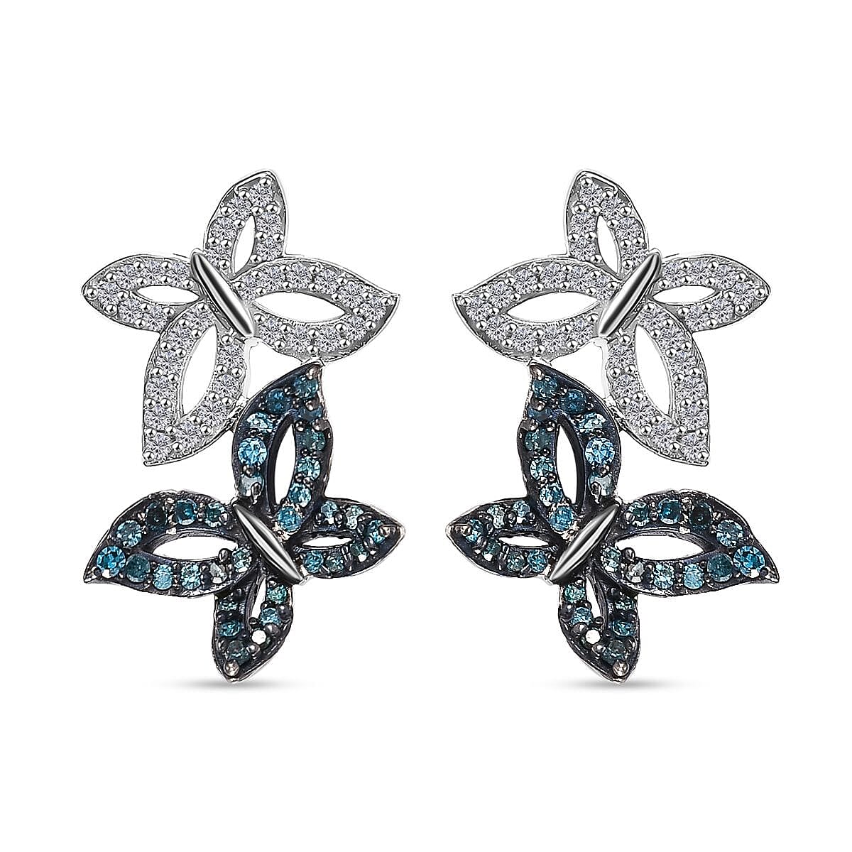 Blue Diamond, White Diamond Butterfly Push Post Earring in Rhodium Overlay Sterling Silver 0.50 Ct. 7969638 2
