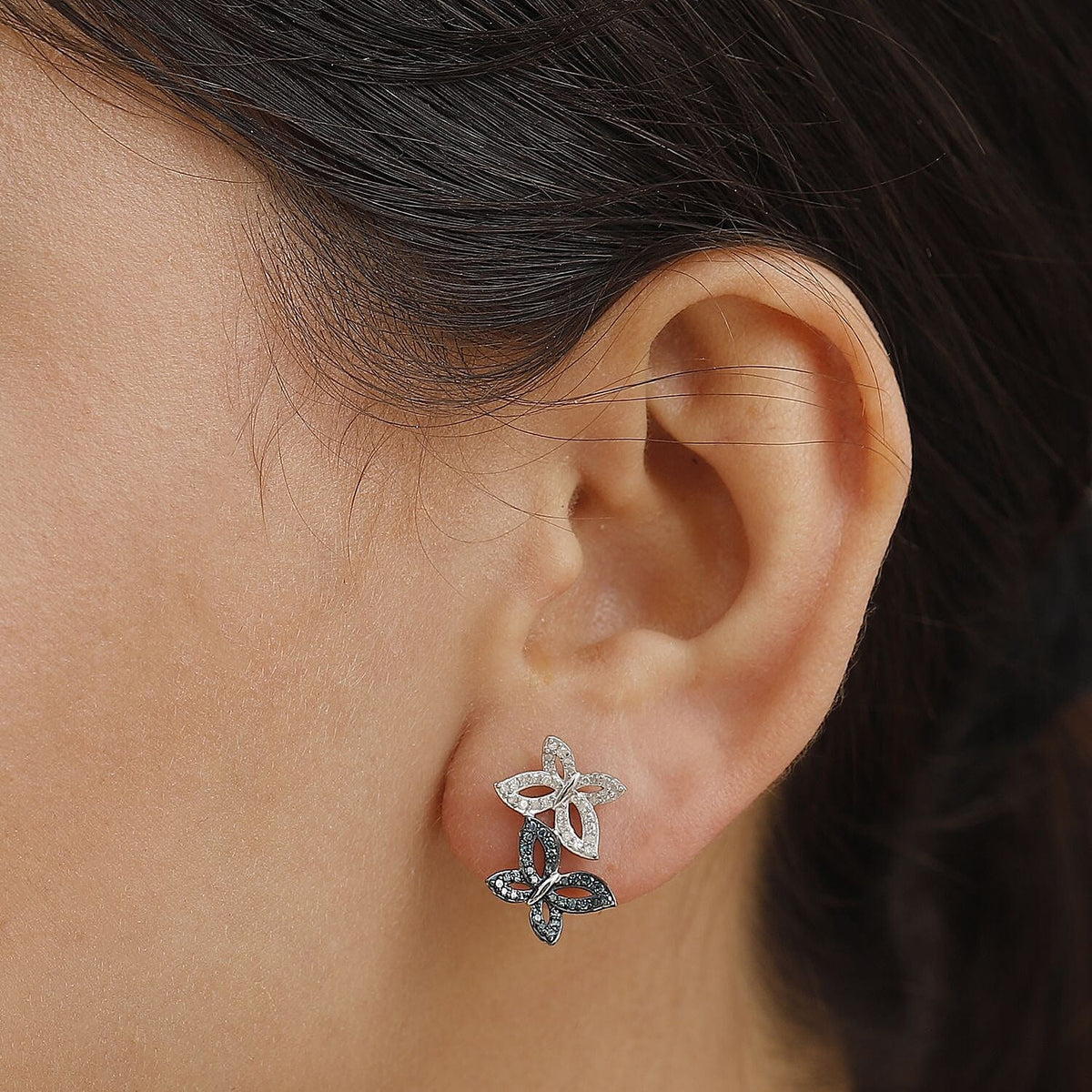 Blue Diamond, White Diamond Butterfly Push Post Earring in Rhodium Overlay Sterling Silver 0.50 Ct. 7969638 6