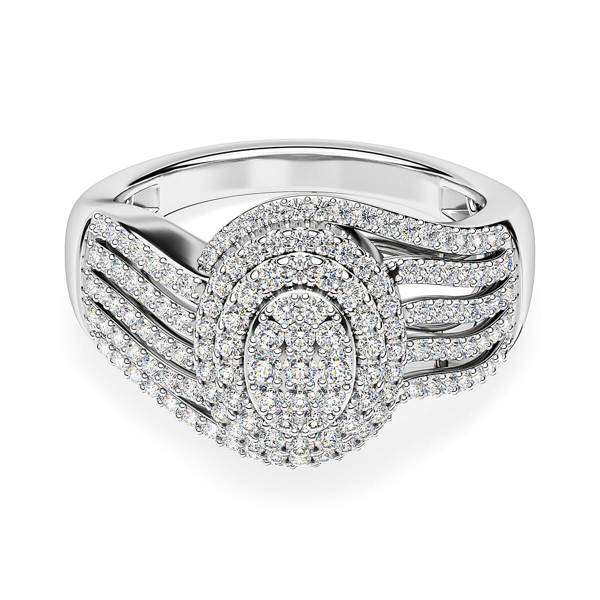 White Diamond Swirl Cluster Ring in Rhodium Overlay Sterling Silver 1.01  Ct. 7897708 0