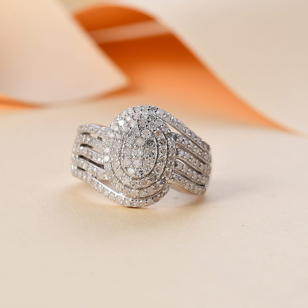 White Diamond Swirl Cluster Ring in Rhodium Overlay Sterling Silver 1.01  Ct. 7897708 1