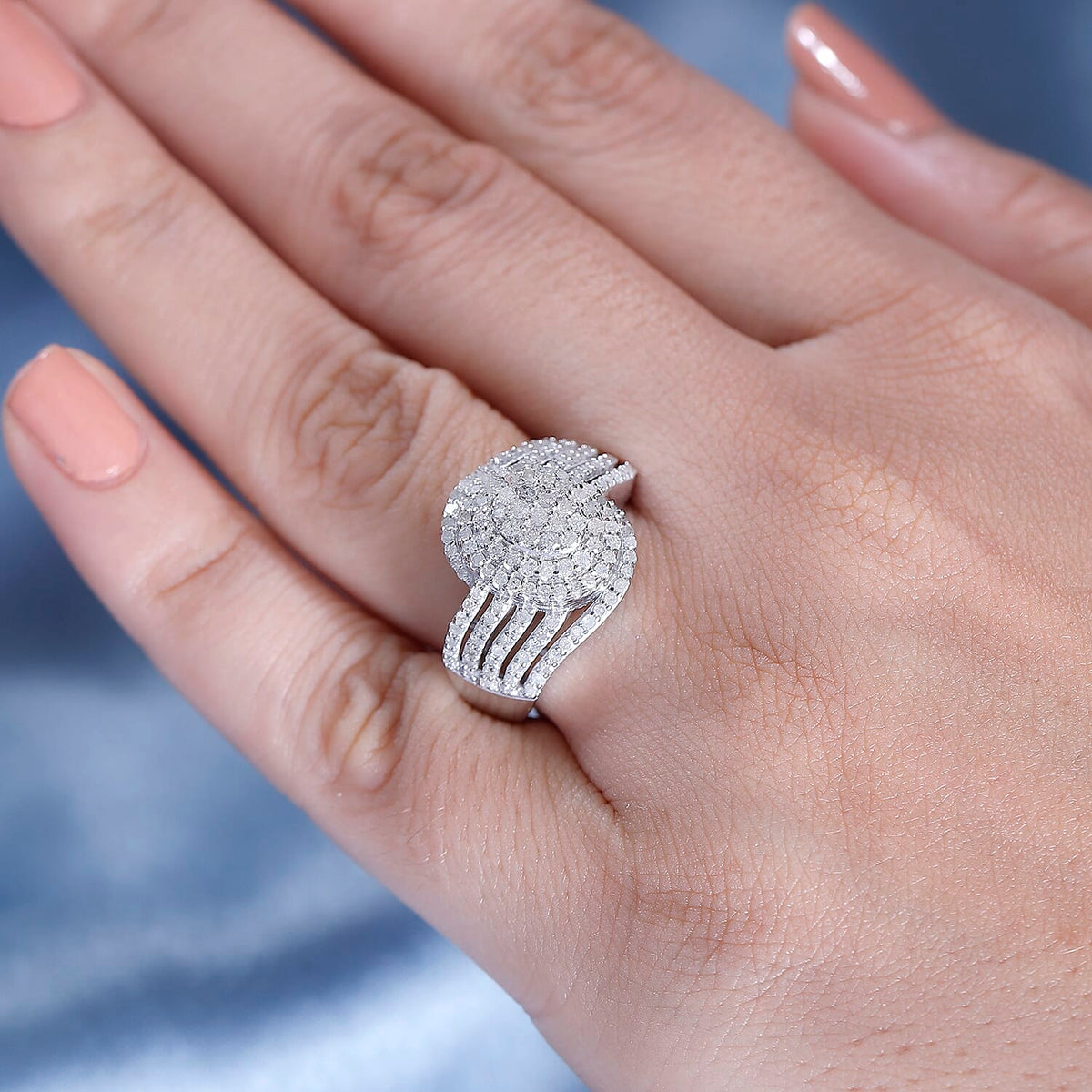 White Diamond Swirl Cluster Ring in Rhodium Overlay Sterling Silver 1.01  Ct. 7897708 2