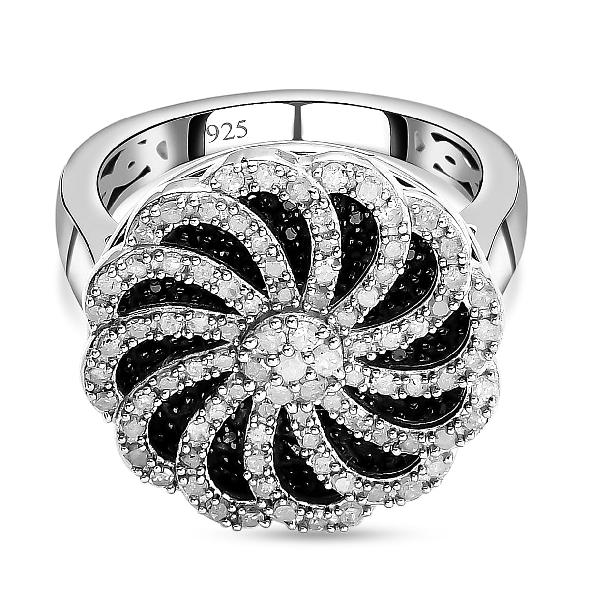 White and Black Diamond Floral Cluster Ring in Platinum Overlay Sterling Silver 0.95 Ct, Silver Wt. 6.19 Gms 8958741 0