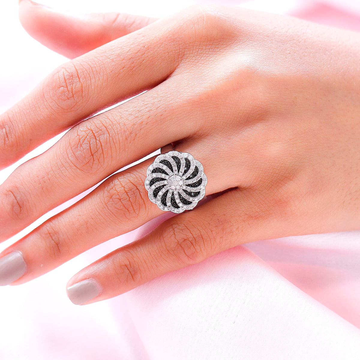 White and Black Diamond Floral Cluster Ring in Platinum Overlay Sterling Silver 0.95 Ct, Silver Wt. 6.19 Gms 8958741 5