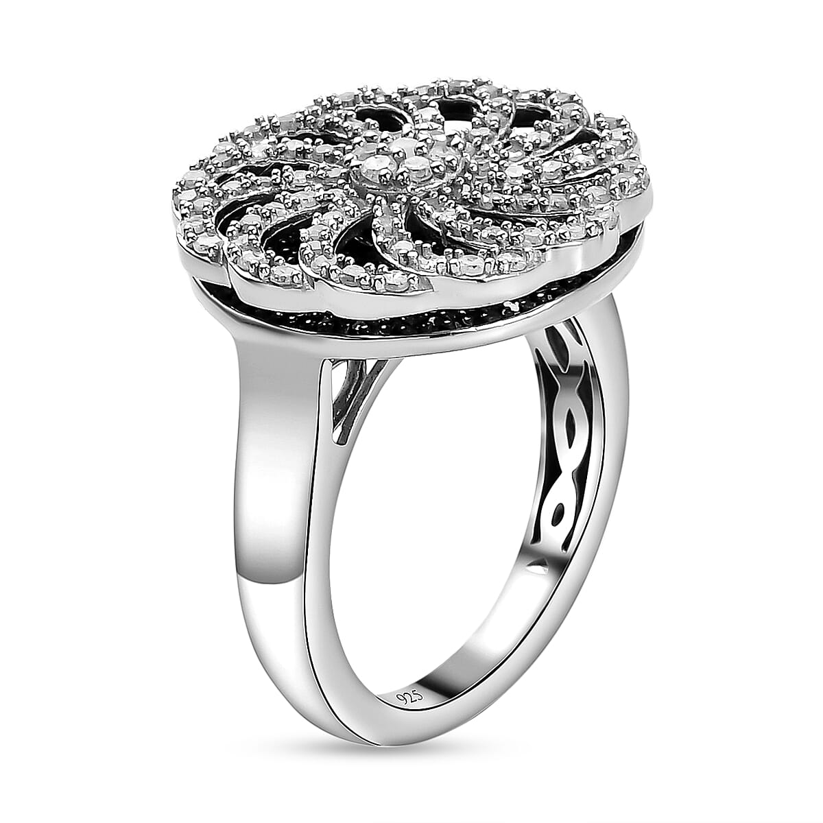 White and Black Diamond Floral Cluster Ring in Platinum Overlay Sterling Silver 0.95 Ct, Silver Wt. 6.19 Gms 8958741 7