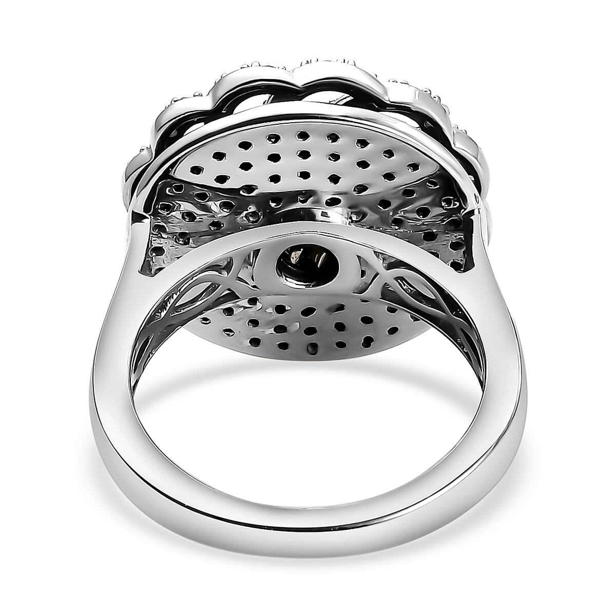White and Black Diamond Floral Cluster Ring in Platinum Overlay Sterling Silver 0.95 Ct, Silver Wt. 6.19 Gms 8958741 9