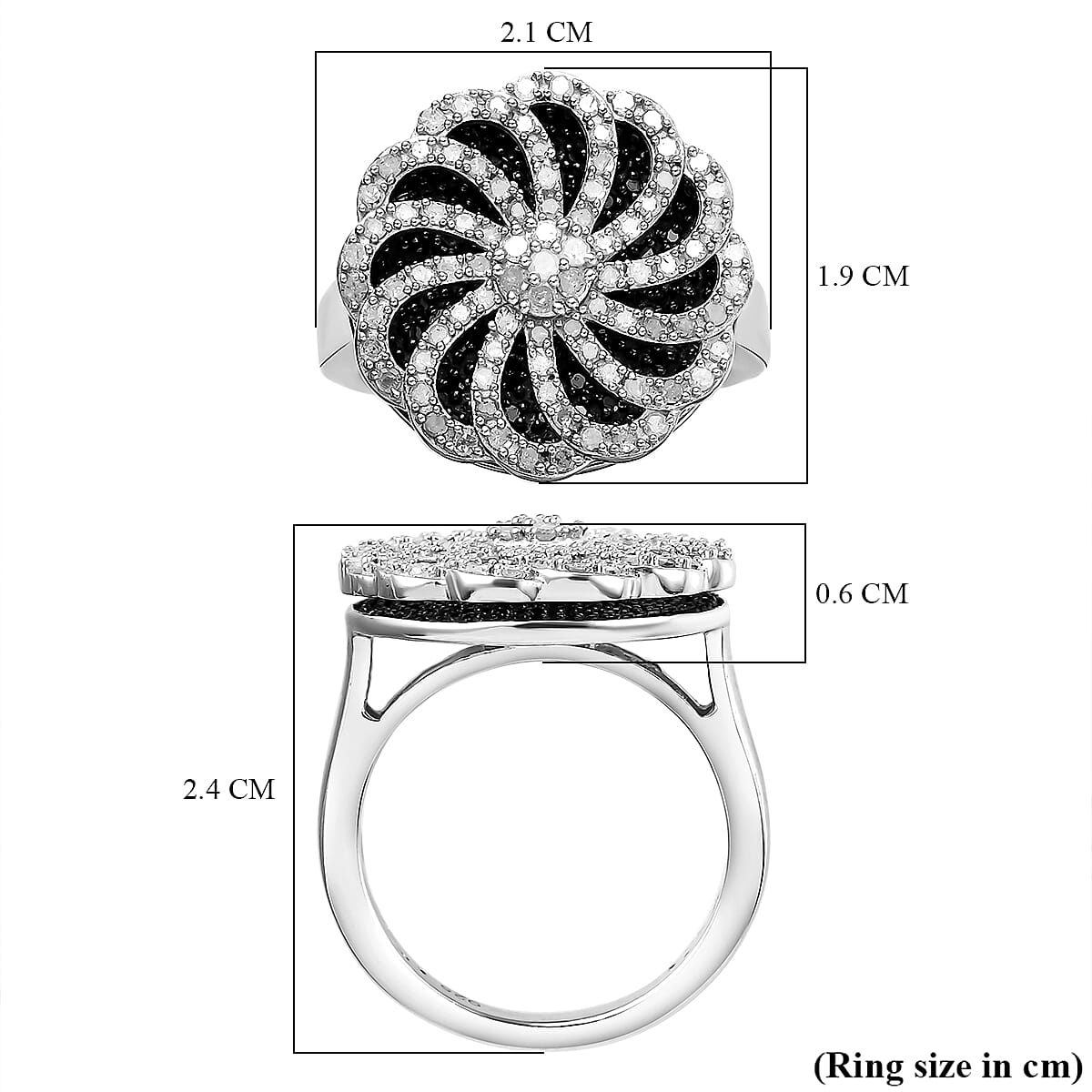 White and Black Diamond Floral Cluster Ring in Platinum Overlay Sterling Silver 0.95 Ct, Silver Wt. 6.19 Gms 8958741 11