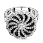 White and Black Diamond Floral Cluster Ring in Platinum Overlay Sterling Silver 0.95 Ct, Silver Wt. 6.19 Gms