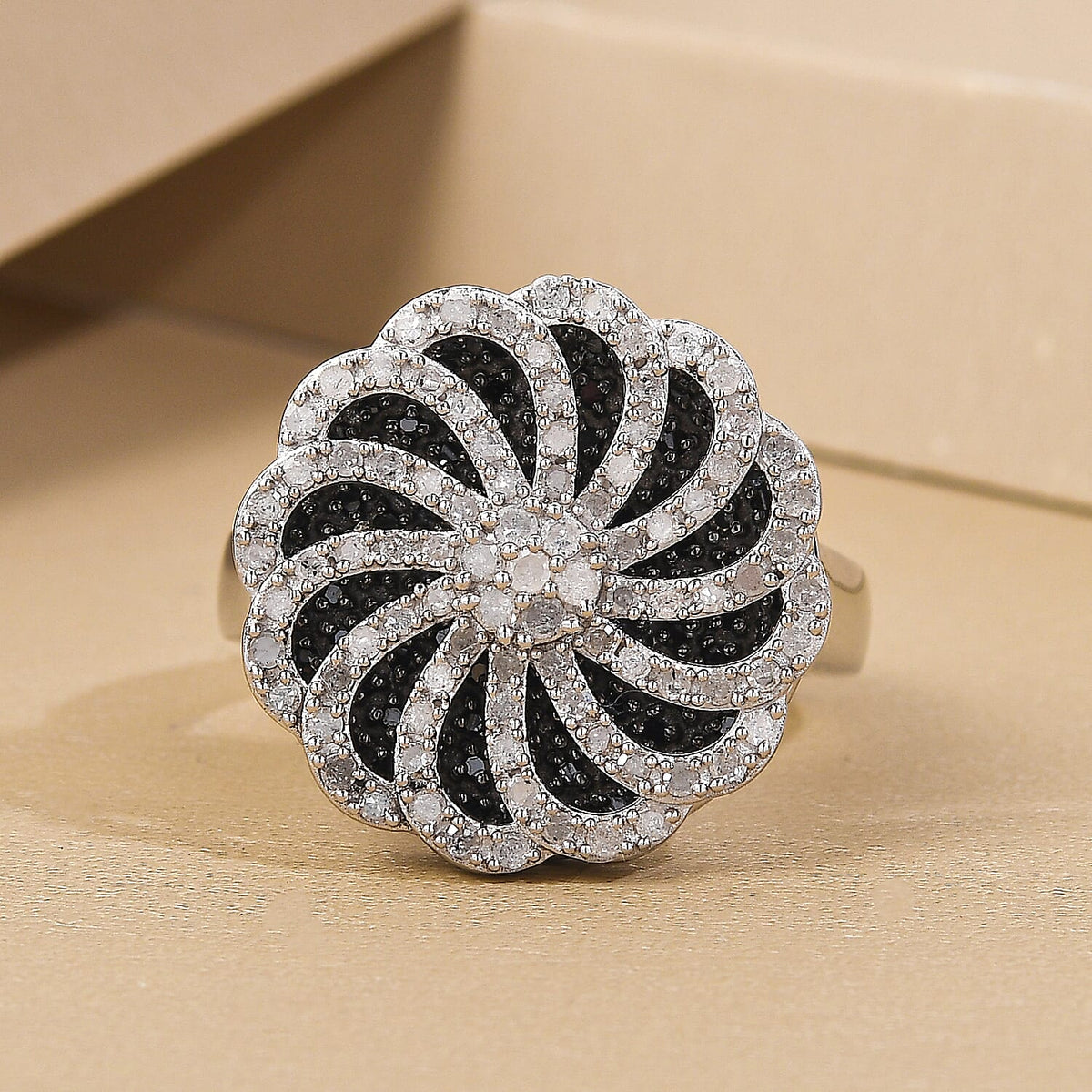 White and Black Diamond Floral Cluster Ring in Platinum Overlay Sterling Silver 0.95 Ct, Silver Wt. 6.19 Gms 8958741 4