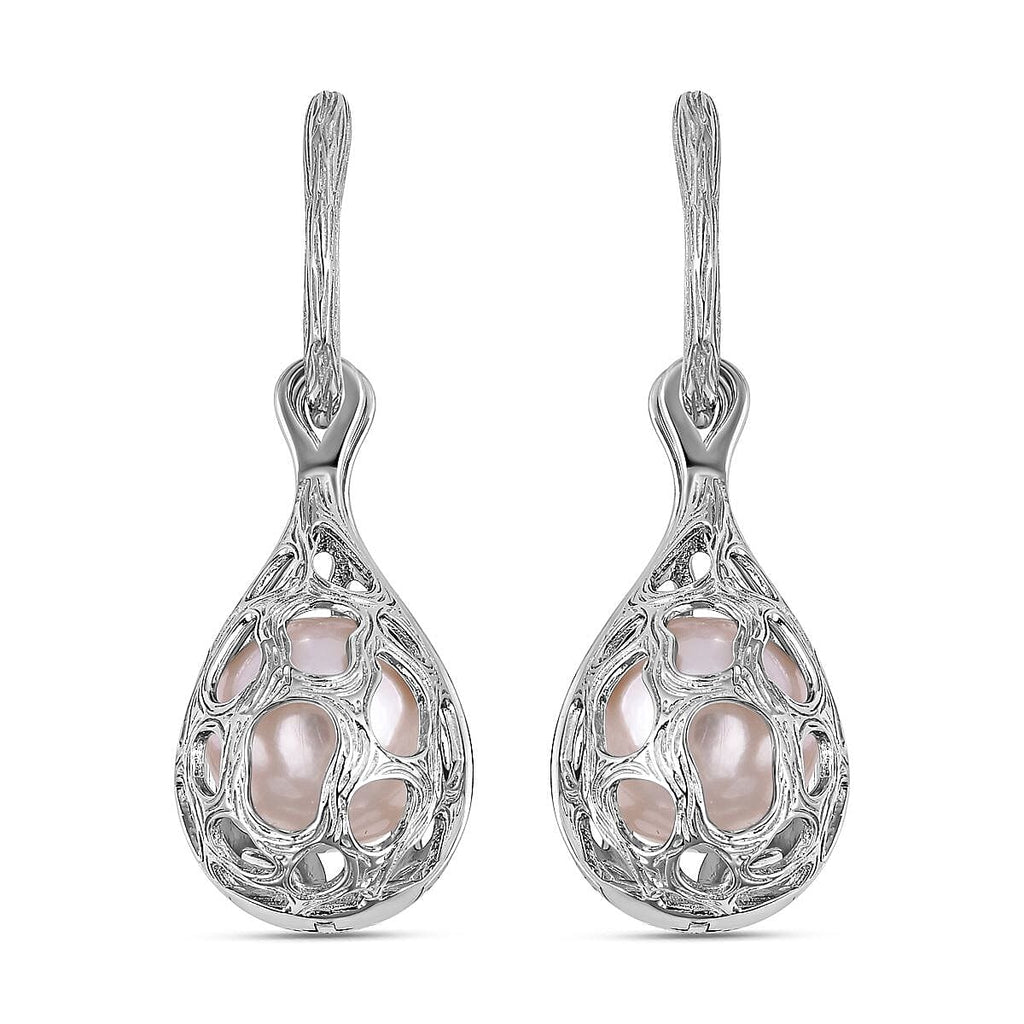 White Edison Pearl Dangle Earrings in Rhodium Overlay Sterling Silver, Silver Wt. 11.7 Gms