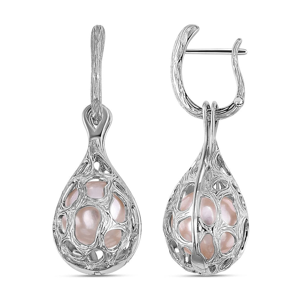 White Edison Pearl Dangle Earrings in Rhodium Overlay Sterling Silver, Silver Wt. 11.7 Gms