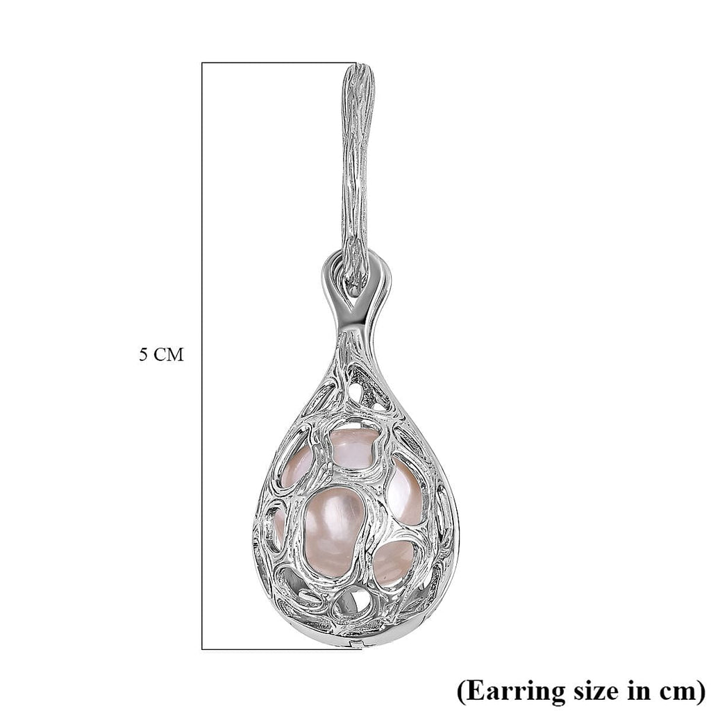 White Edison Pearl Dangle Earrings in Rhodium Overlay Sterling Silver, Silver Wt. 11.7 Gms