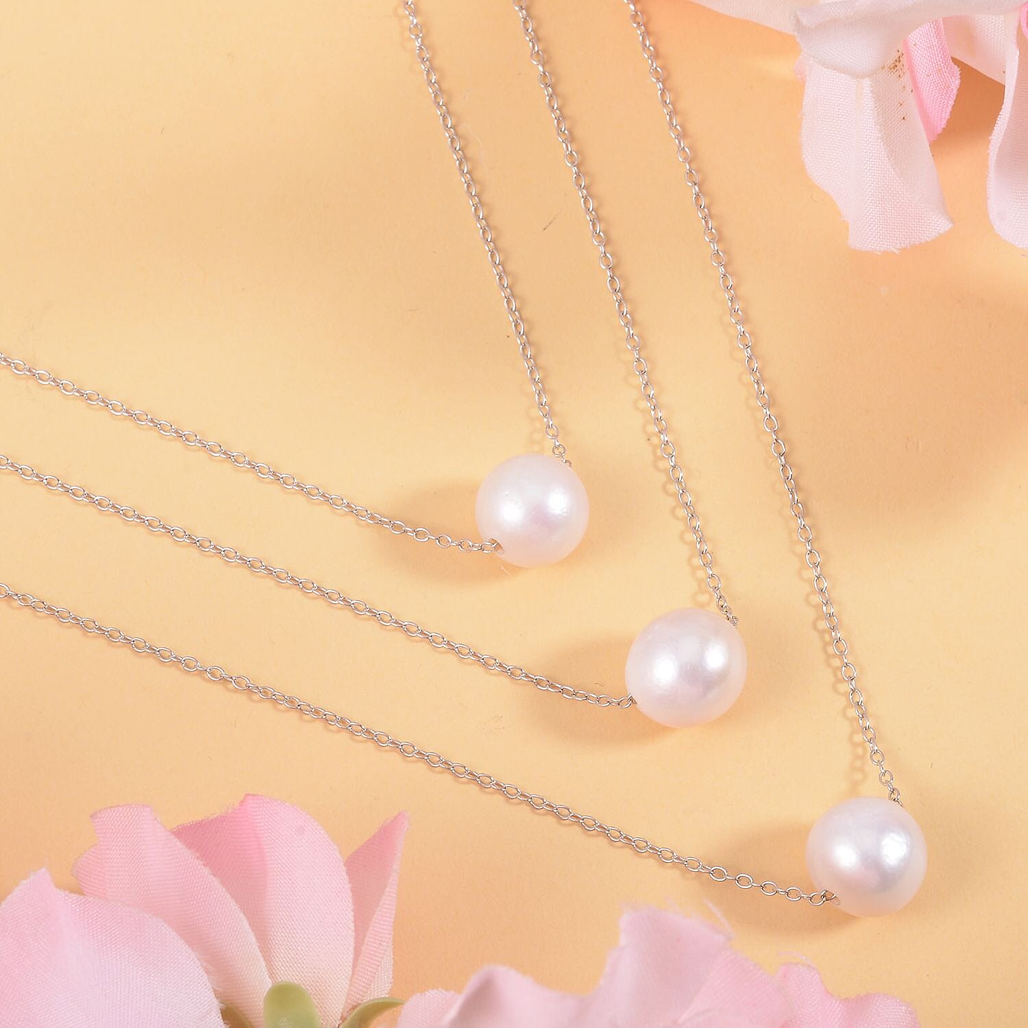 White Edison Pearl Necklace (Size - 20) in Rhodium Overlay Sterling Silver 7561875 1