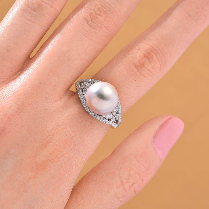 Edison Pearl(11â€“12 MM), Moissanite Ring in Rhodium Overlay Sterling Silver 10.75 Ct. 8191954 2