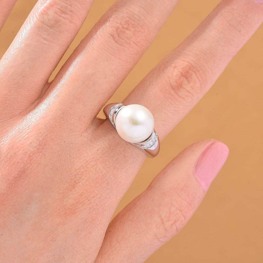 AAA White Edison Pearl & Moissanite Ring in Rhodium Overlay Sterling Silver 10.85 Ct.