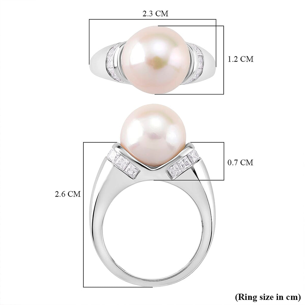 AAA White Edison Pearl & Moissanite Ring in Rhodium Overlay Sterling Silver 10.85 Ct.