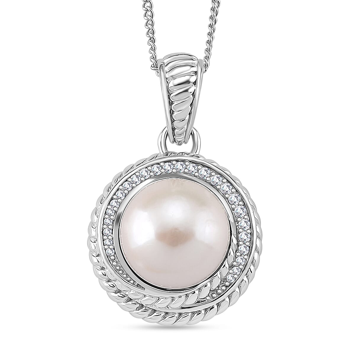 White Edison Pearl (10-11mm), Moissanite Halo Pendant with Chain (Size 18) in Rhodium Overlay Sterling Silver 8.43 Ct. 4397184 0