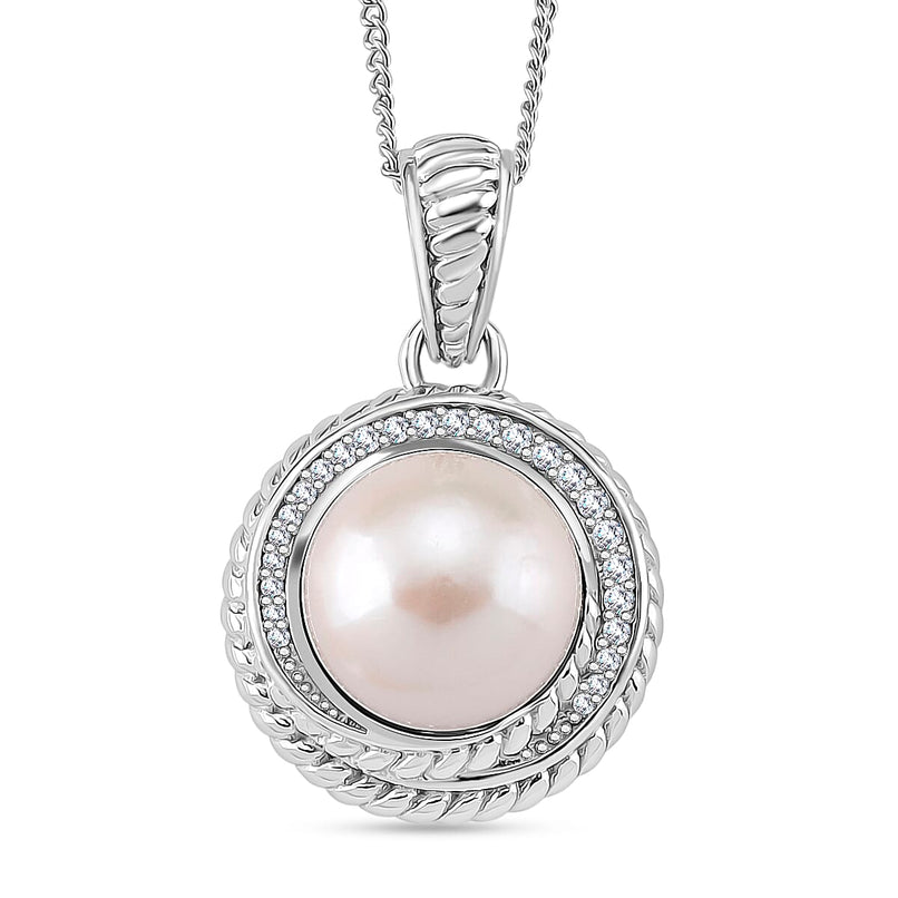 White Edison Pearl & Moissanite Pendant with Chain (Size 18) in Rhodium Overlay Sterling Silver 8.43 Ct.