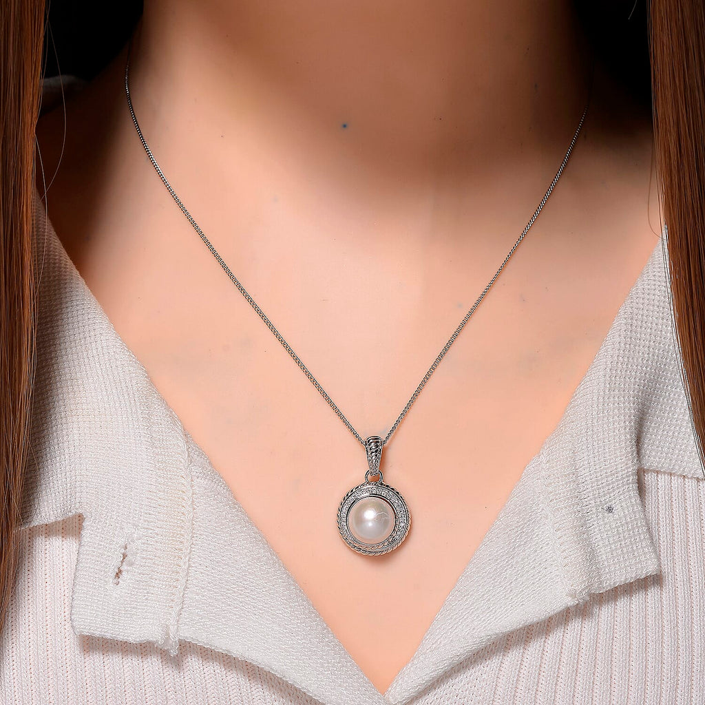White Edison Pearl & Moissanite Pendant with Chain (Size 18) in Rhodium Overlay Sterling Silver 8.43 Ct.