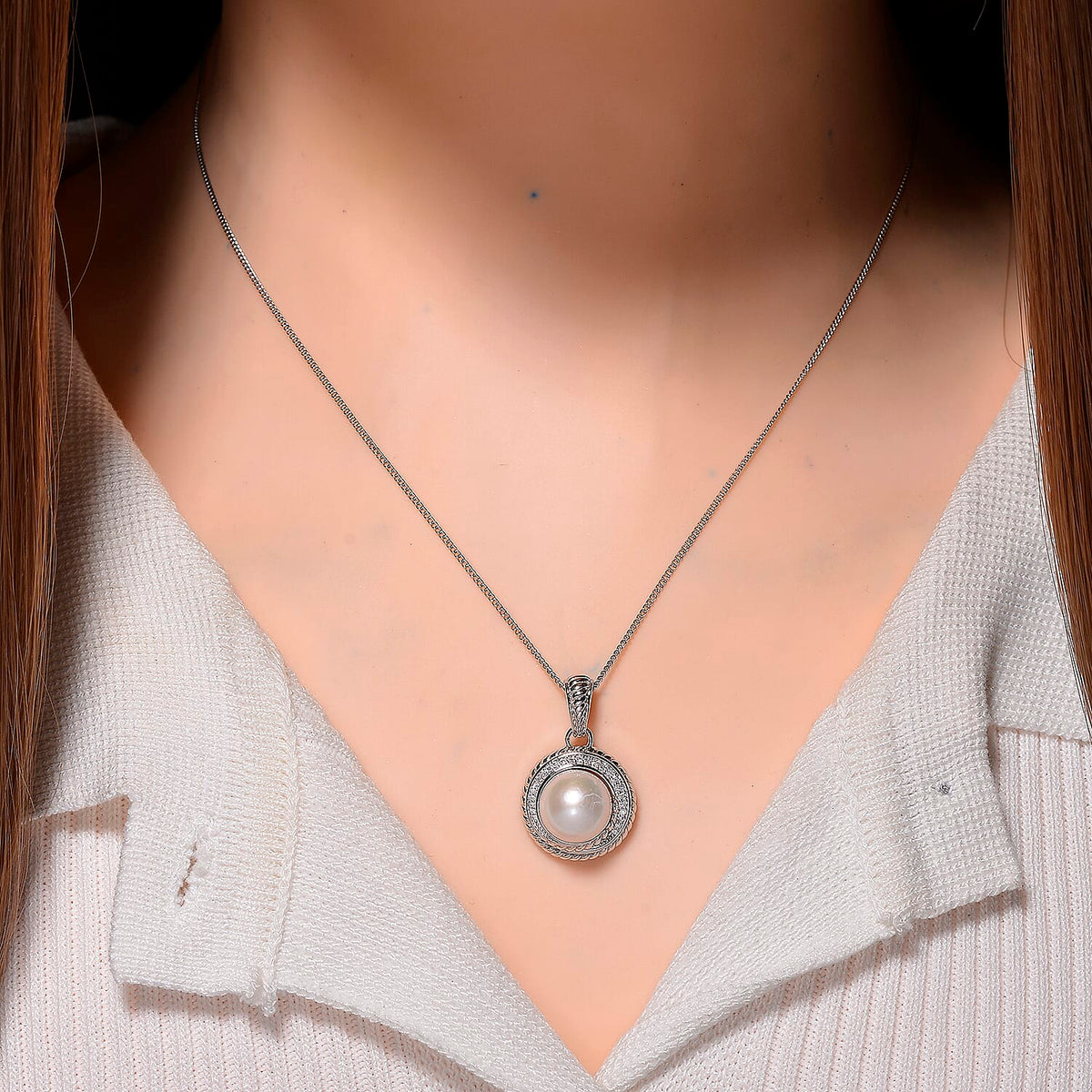White Edison Pearl (10-11mm), Moissanite Halo Pendant with Chain (Size 18) in Rhodium Overlay Sterling Silver 8.43 Ct. 4397184 2