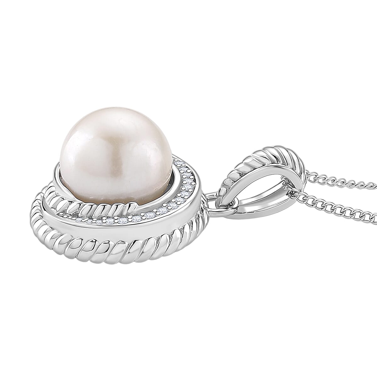 White Edison Pearl (10-11mm), Moissanite Halo Pendant with Chain (Size 18) in Rhodium Overlay Sterling Silver 8.43 Ct. 4397184 3