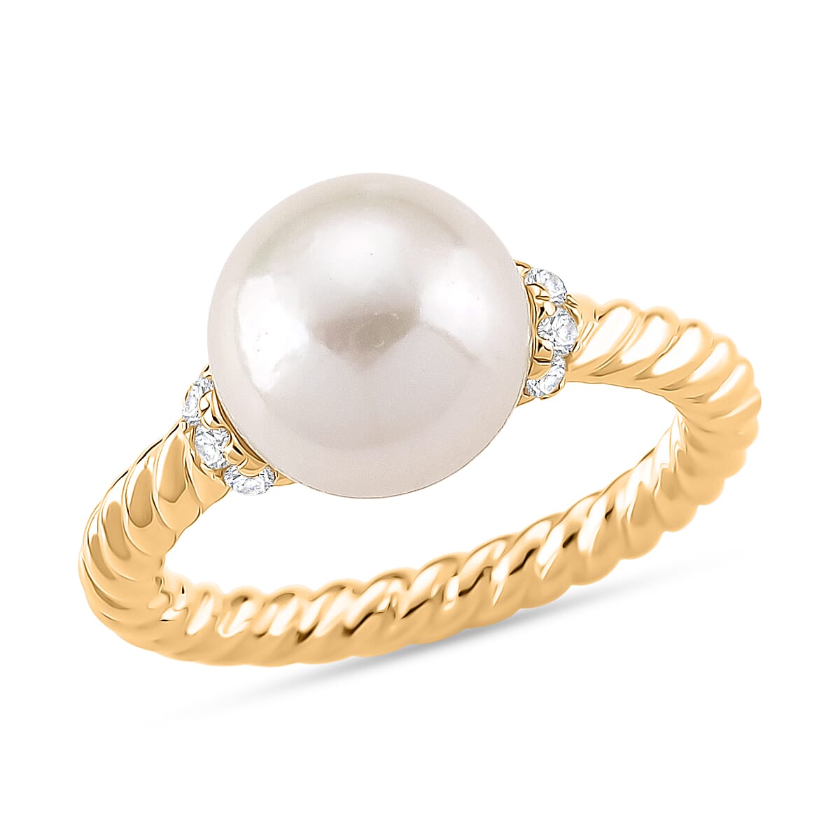 Designer Inspired - Edison Pearl &amp; White Zircon Ring in Yellow Gold Plated Sterling Silver 8226345 0