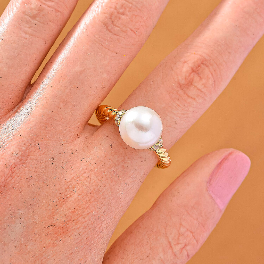 Designer Inspired - Edison Pearl & White Zircon Ring in Yellow Gold Plated Sterling Silver 8.52 Ct.