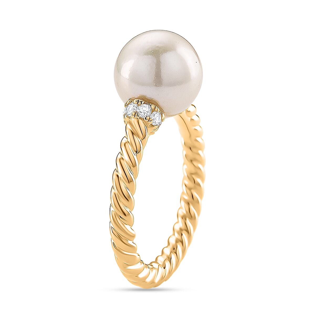 Designer Inspired - Edison Pearl &amp; White Zircon Ring in Yellow Gold Plated Sterling Silver 8226345 3