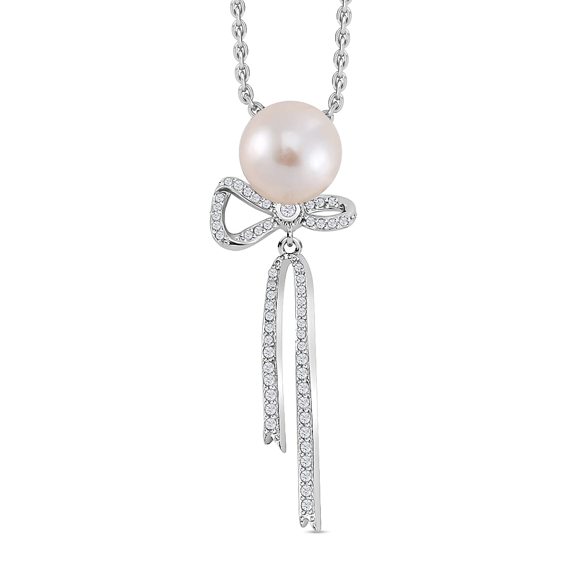 White Edison Pearl &amp; Natural Zircon Bow Tassel Pendant with Chain (Size 18) in Platinum Overlay Sterling Silver 4278445 0