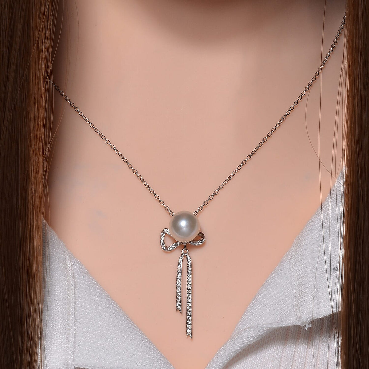 White Edison Pearl &amp; Natural Zircon Bow Tassel Pendant with Chain (Size 18) in Platinum Overlay Sterling Silver 4278445 1