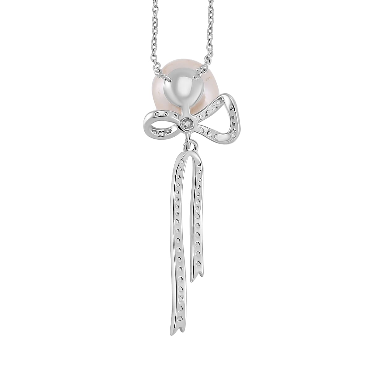 White Edison Pearl &amp; Natural Zircon Bow Tassel Pendant with Chain (Size 18) in Platinum Overlay Sterling Silver 4278445 3