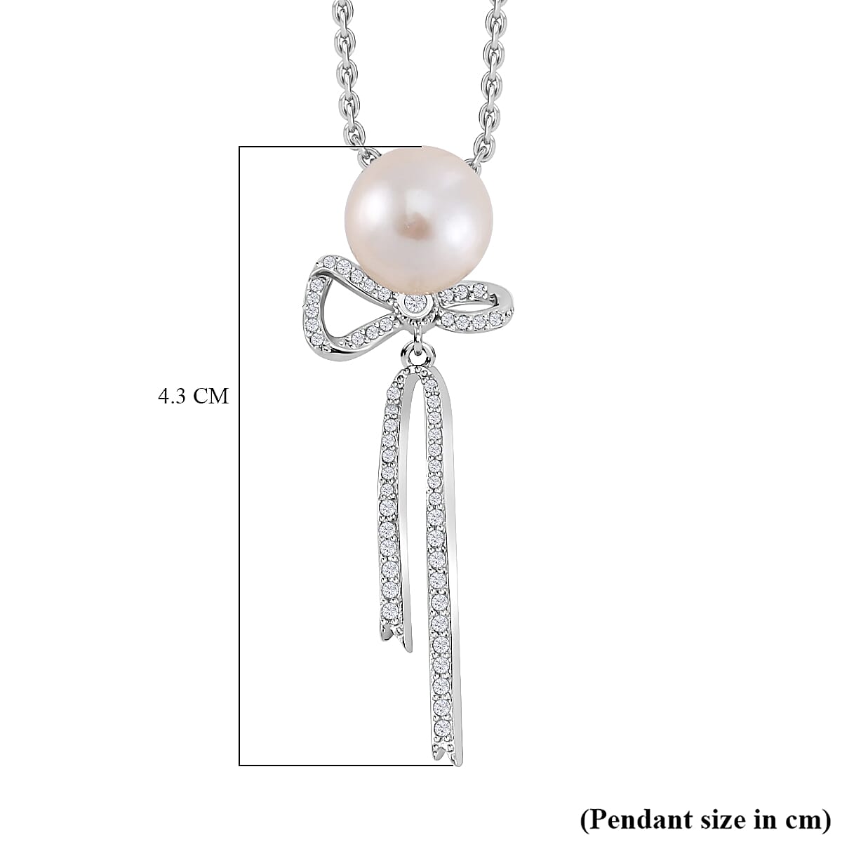 White Edison Pearl &amp; Natural Zircon Bow Tassel Pendant with Chain (Size 18) in Platinum Overlay Sterling Silver 4278445 5