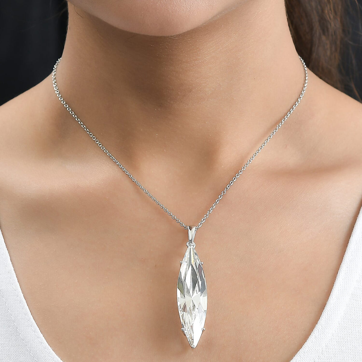 White Finest Austrian Crystal Platinum Overlay Sterling Silver Solitaire Pendant with Stainless Steel Chain (Size 20) 4228664 1
