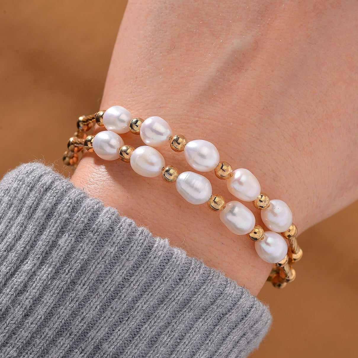 White Fresh Water Pearl Adjustable Bangle (Size - 7.5) in Yellow Gold Tone 35.00 Ct. 7970072 2