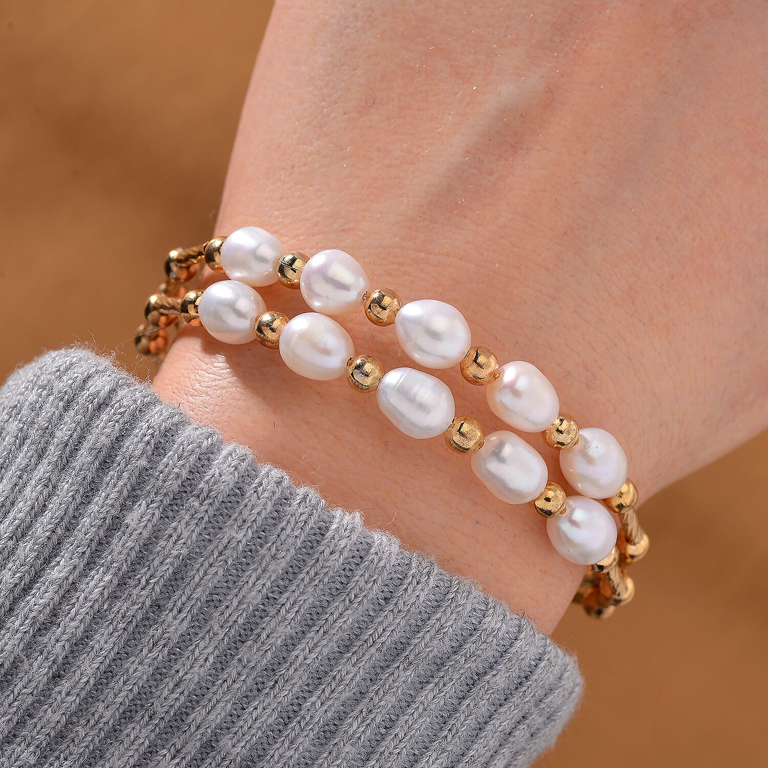 White Fresh Water Pearl Adjustable Bangle (Size - 7.5) in Yellow Gold Tone 35.00 Ct. 7970072 2