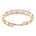 White Fresh Water Pearl Adjustable Bangle (Size - 7.5) in Yellow Gold Tone 35.00 Ct.