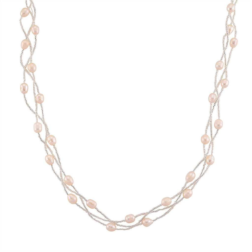 White Fresh Water Pearl & Austrian White Crystal Necklace (Size - 18) with Magnet Clasp