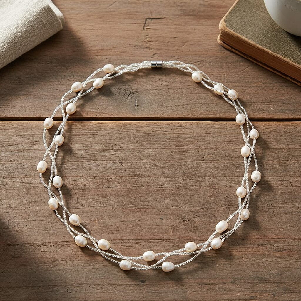 White Fresh Water Pearl &amp; Austrian White Crystal Necklace (Size - 18) with Magnet Clasp 8262406 2