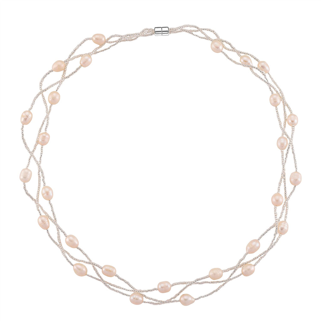 White Fresh Water Pearl & Austrian White Crystal Necklace (Size - 18) with Magnet Clasp