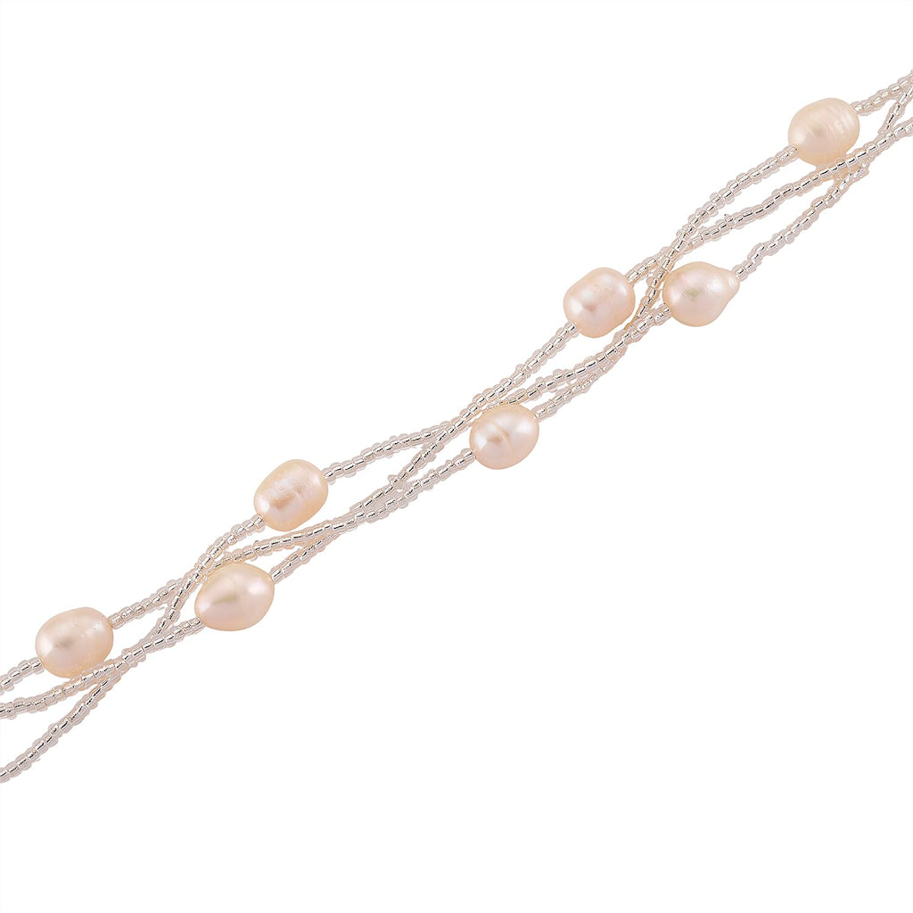 White Fresh Water Pearl & Austrian White Crystal Necklace (Size - 18) with Magnet Clasp