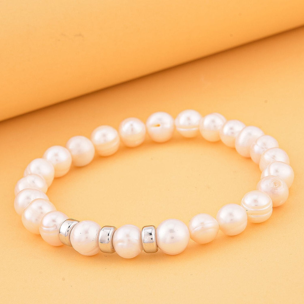 White Fresh Water Pearl  Bracelet (Size - 7) in Rhodium Overlay Sterling Silver