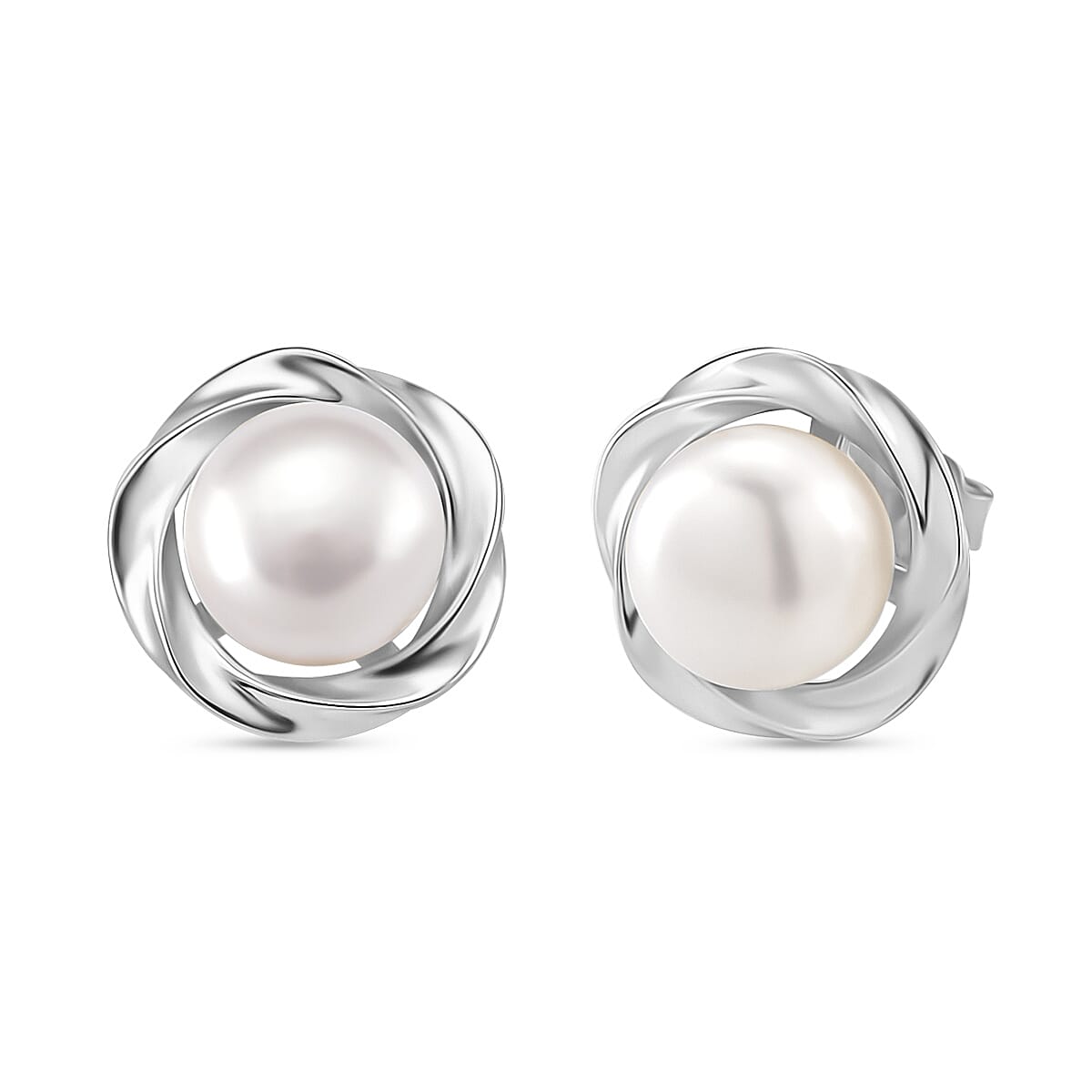 White Fresh Water Pearl Stud Earring with Push Back in Rhodium Overlay Sterling Silver 8.00 Ct. 8187673 0