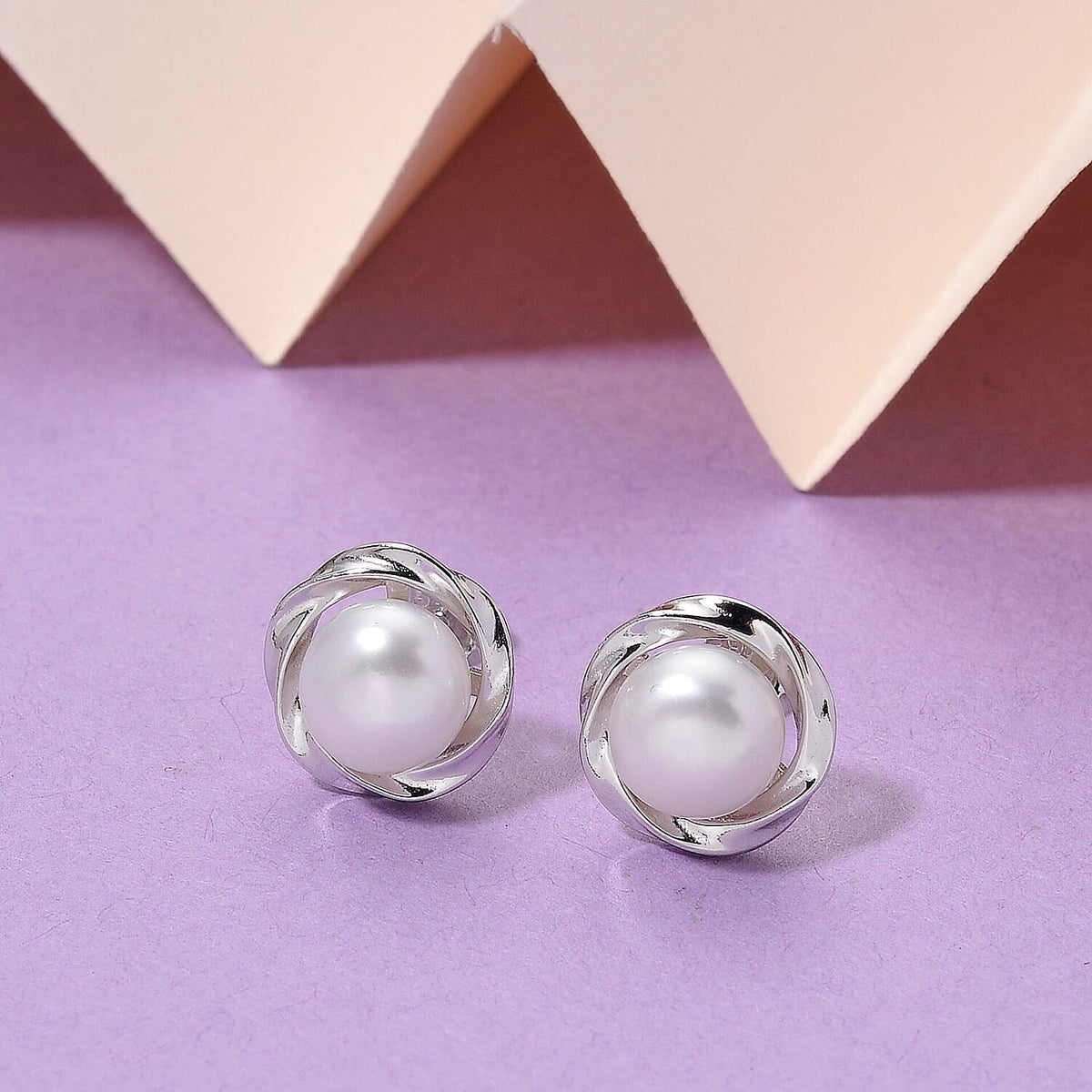 White Fresh Water Pearl Stud Earring with Push Back in Rhodium Overlay Sterling Silver 8.00 Ct. 8187673 2