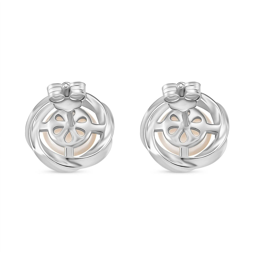 White Fresh Water Pearl Stud Earring with Push Back in Rhodium Overlay Sterling Silver 8.00 Ct.