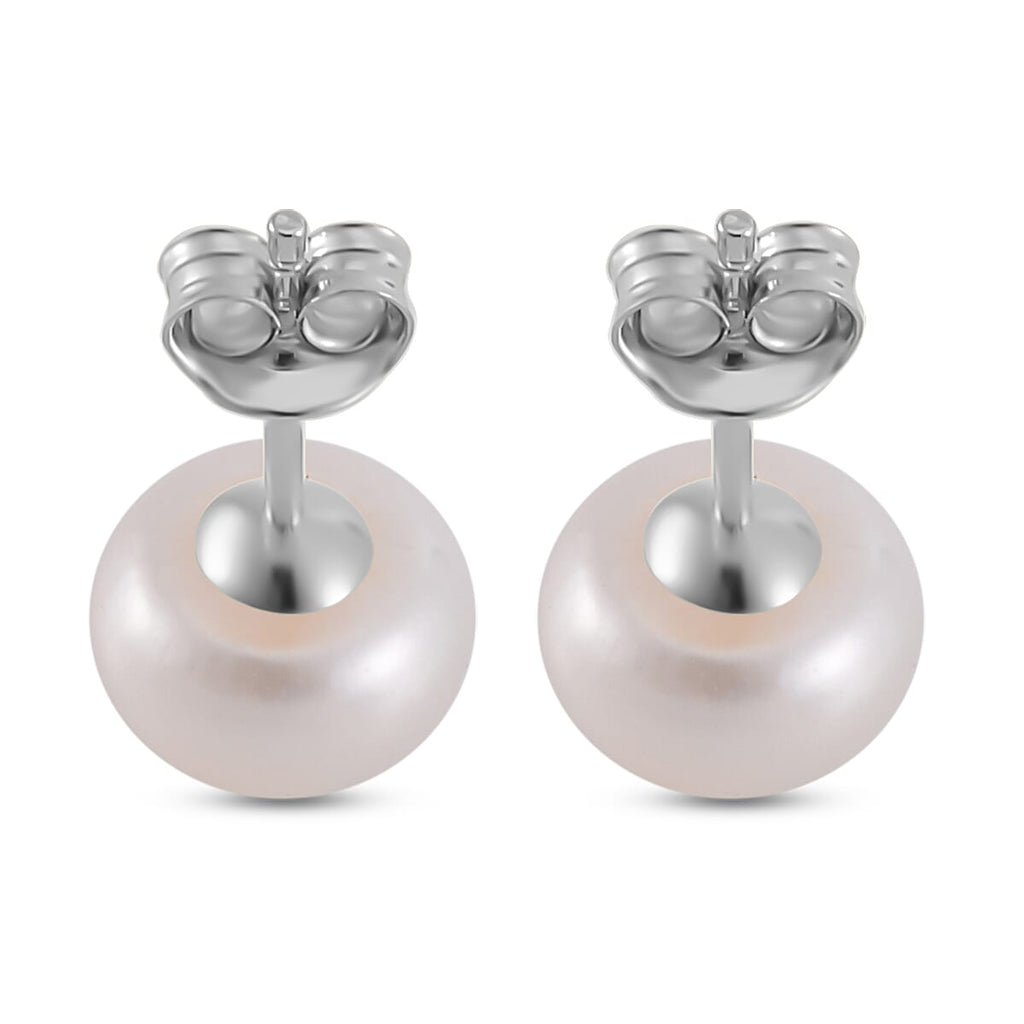 Close Out Deal- White Fresh Water Pearl Stud Push Back Earring in Rhodium Overlay Sterling Silver 7.70 Ct.