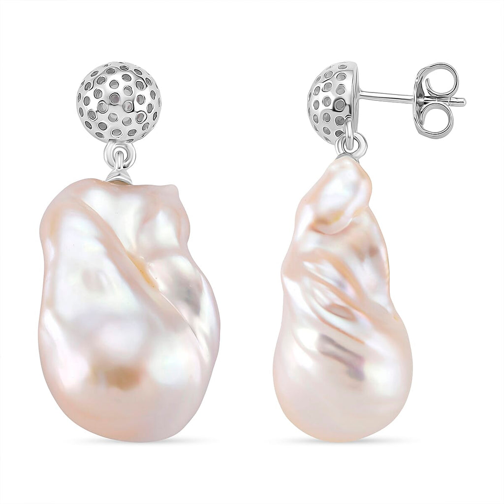 White Baroque Pearl Earrings with Push Back in Rhodium Overlay Sterling Silver 63.31 Ct.