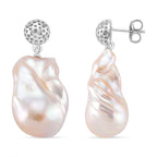 White Baroque Pearl Earrings with Push Back in Rhodium Overlay Sterling Silver 63.31 Ct.