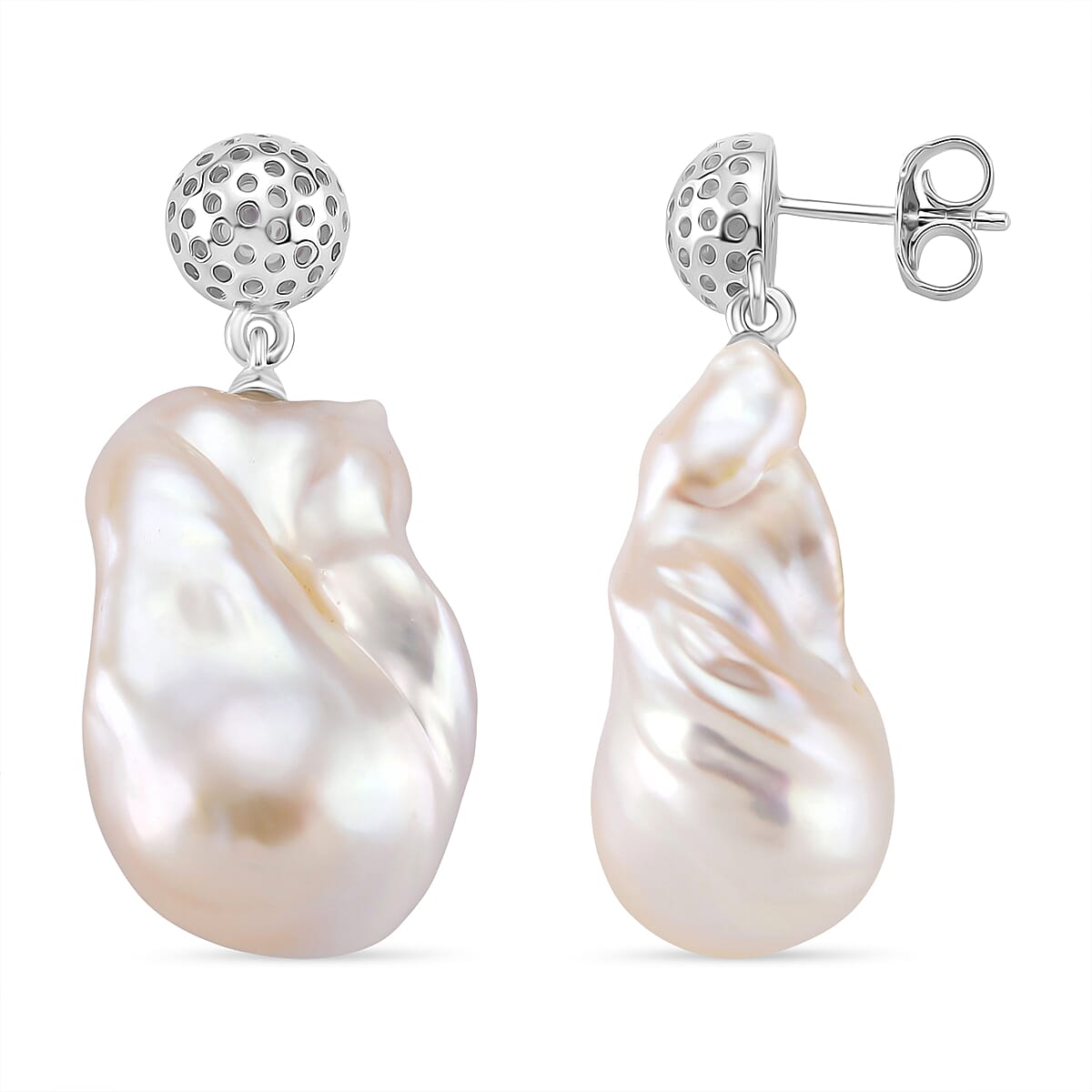 White Baroque Pearl Earrings with Push Back in Rhodium Overlay Sterling Silver 63.31 Ct. 8211665 0